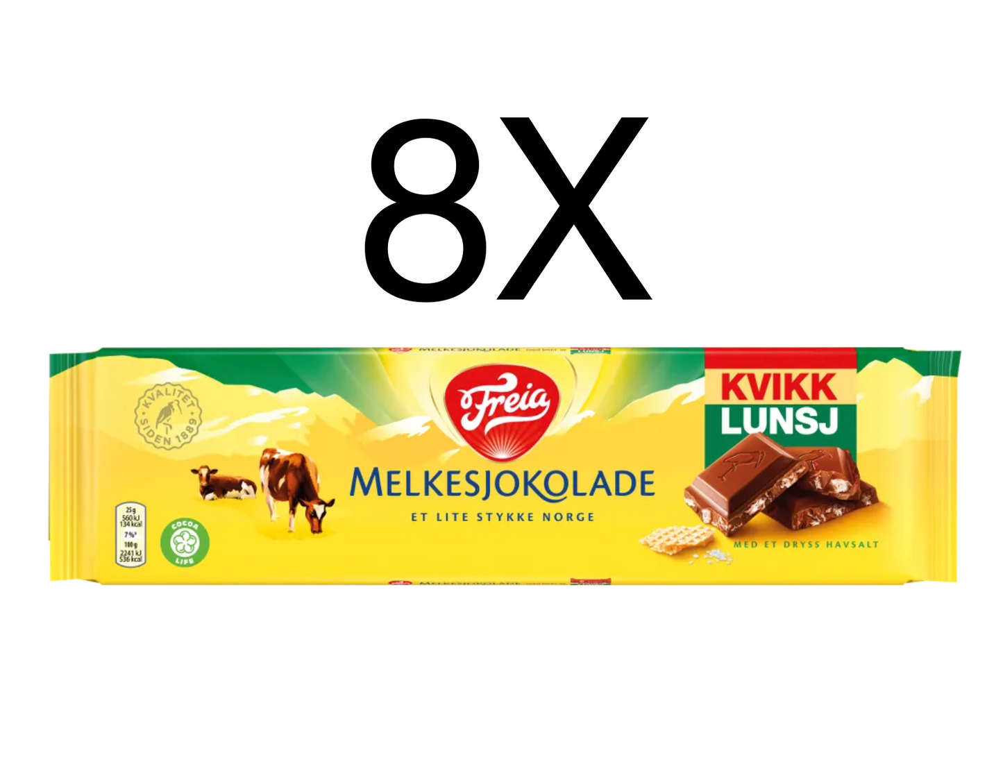 Freia Melkesjokolade Kvikk Lunsj Norwegian Milk Chocolate bars 8X 200 Grams